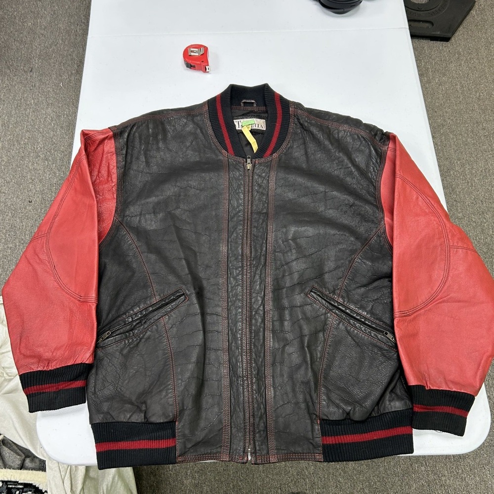 St. Multia Leather Bomber Jacket Mens XL Black Red Kenneth Company Varsity Moto